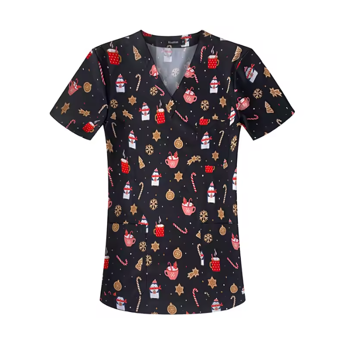New Nursing Uniforms Tops for Hospital&private Clinics&beauty Salons With V-neck Floral Printed Short Sleeves Women Scrubs