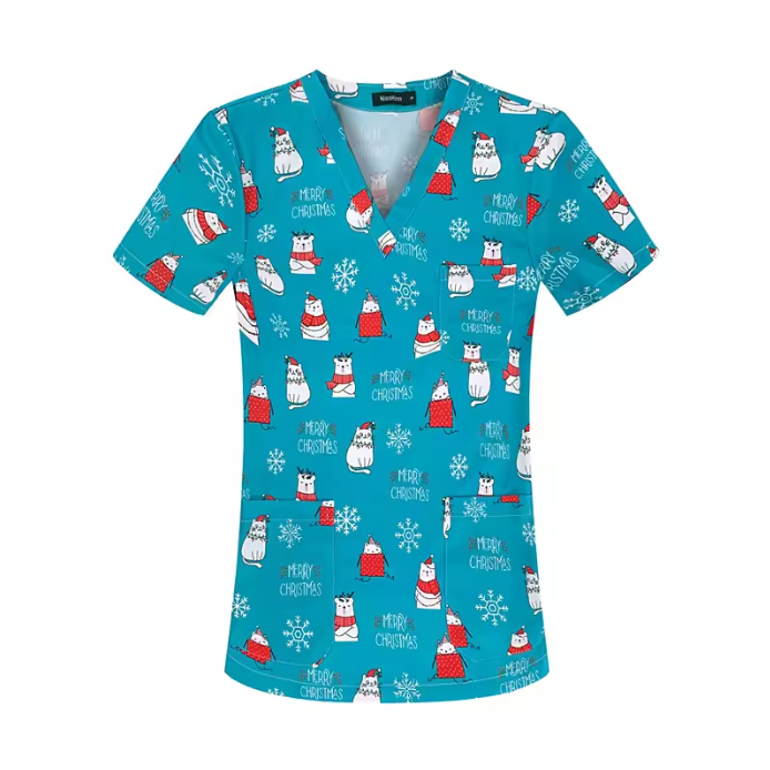 New Nursing Uniforms Tops for Hospital&private Clinics&beauty Salons With V-neck Floral Printed Short Sleeves Women Scrubs