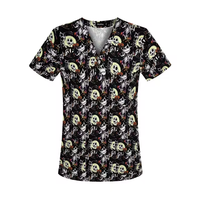 New Nursing Uniforms Tops for Hospital&private Clinics&beauty Salons With V-neck Floral Printed Short Sleeves Women Scrubs