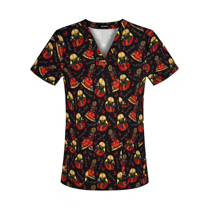 New Nursing Uniforms Tops for Hospital&private Clinics&beauty Salons With V-neck Floral Printed Short Sleeves Women Scrubs