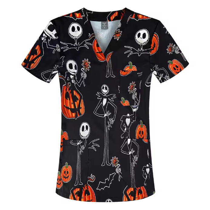 New Nursing Uniforms Tops for Hospital&private Clinics&beauty Salons With V-neck Floral Printed Short Sleeves Women Scrubs