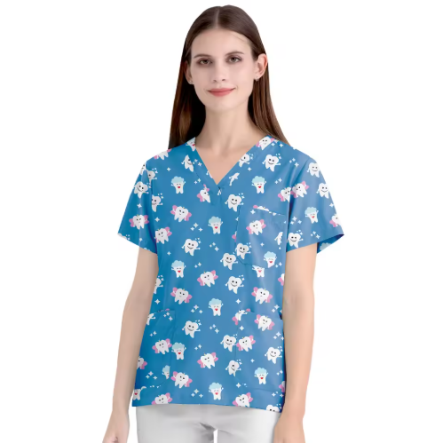 New Nursing Uniforms Tops for Hospital&private Clinics&beauty Salons With V-neck Floral Printed Short Sleeves Women Scrubs