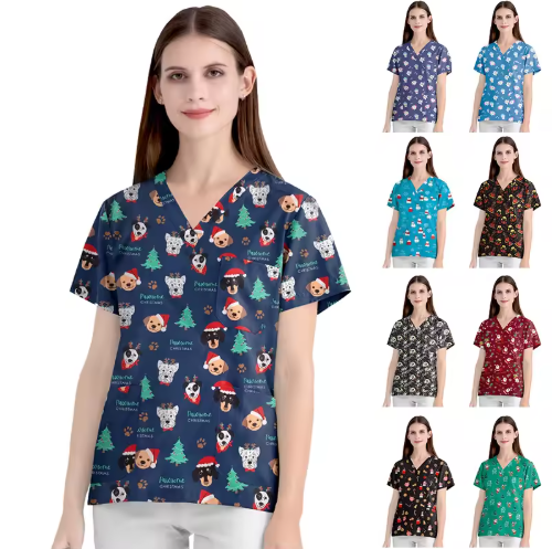 New Nursing Uniforms Tops for Hospital&private Clinics&beauty Salons With V-neck Floral Printed Short Sleeves Women Scrubs