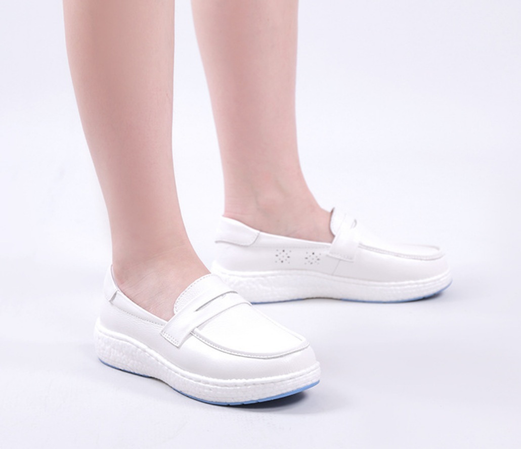 Casual White Genuine Leather Nurse Shoes for Women Comfortable and Breathable for Hospitals