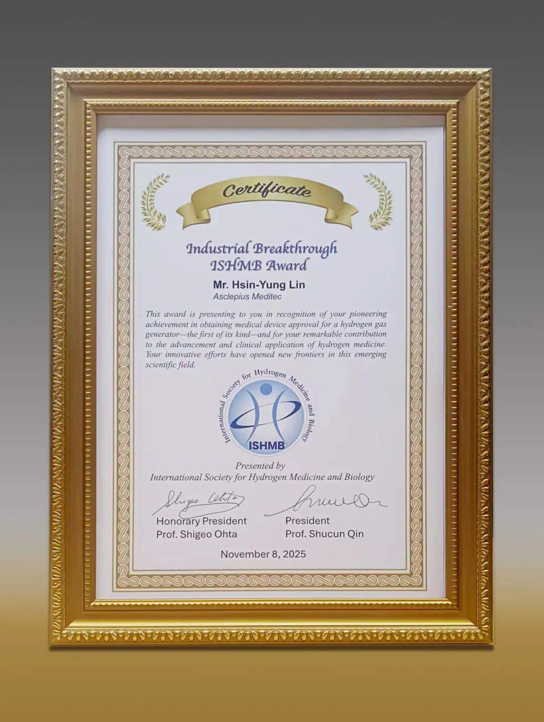 Certificate of the Industrial Breakthrough ISHMB Award