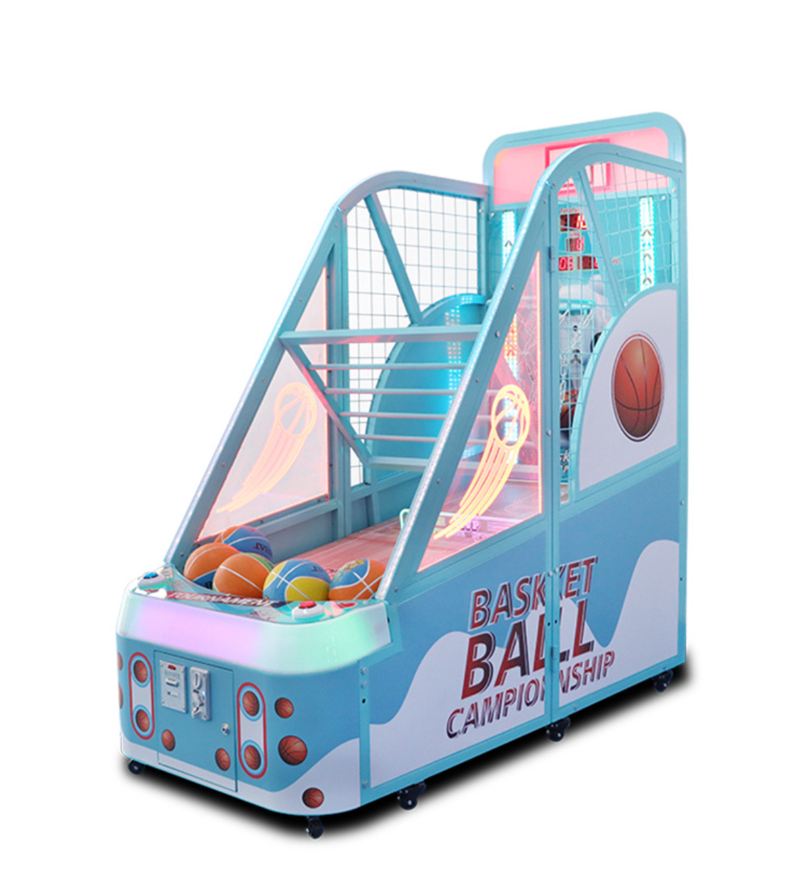 Right side view of commercial kids basketball arcade machine