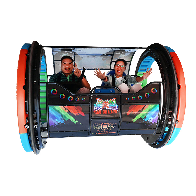 Adult riders experiencing a thrilling 360 rolling car ride