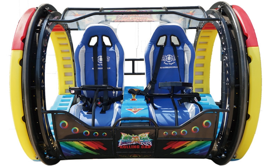 360 rolling car with reinforced steel frame, bucket seats, and full-body safety harness