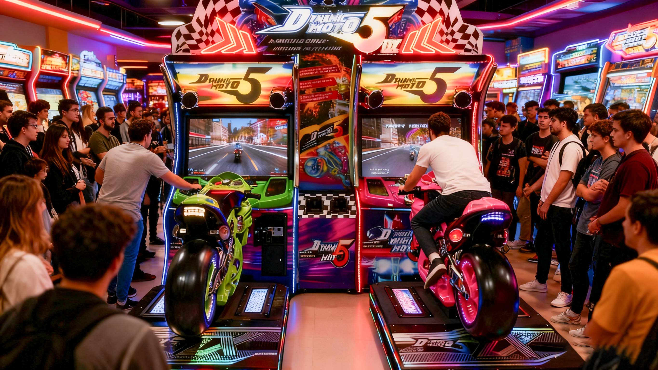 Motorcycle arcade game attracting visitors in a busy arcade, perfect for FEC investment