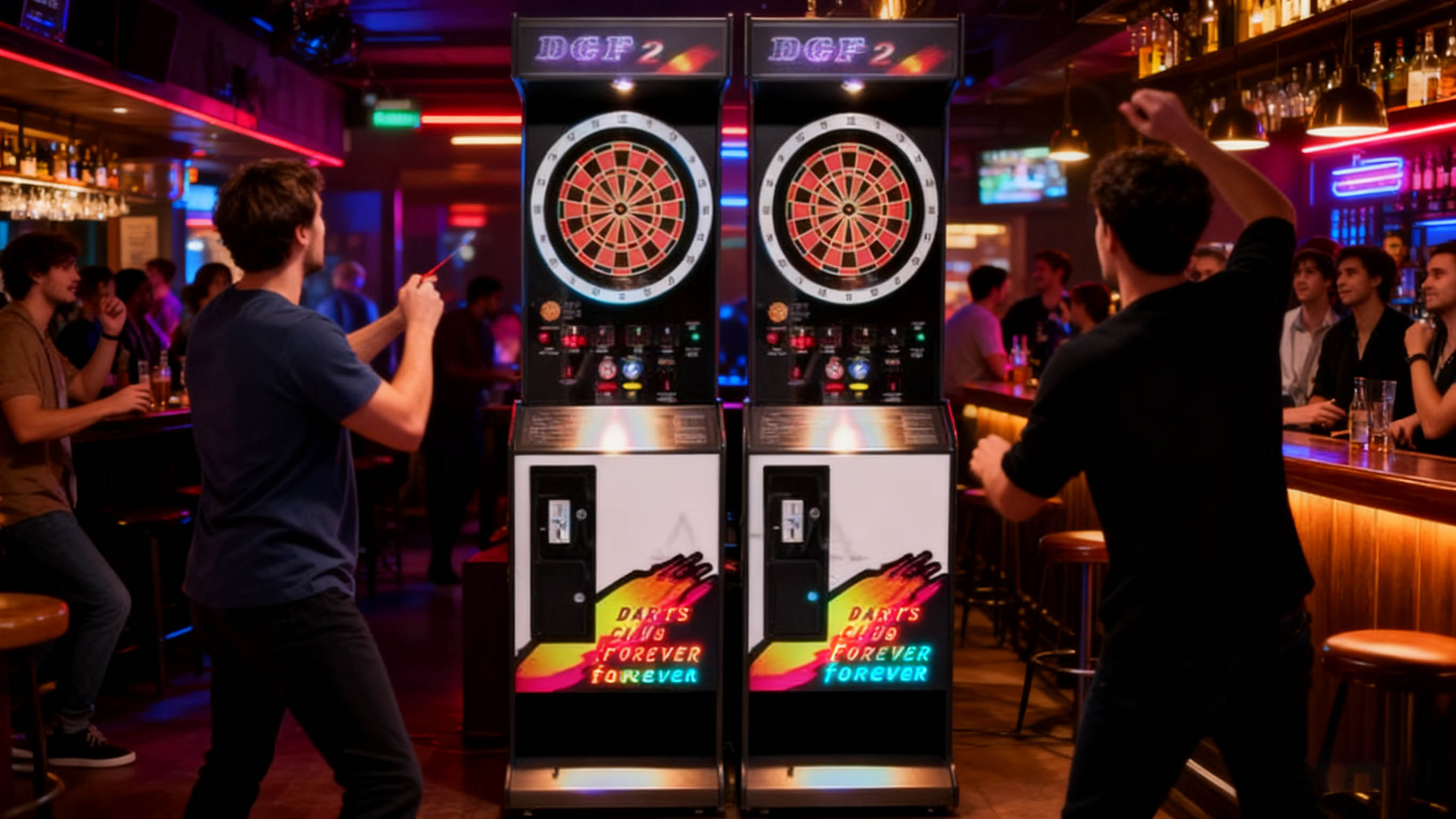 Bar patrons playing on a commercial electronic dart machine
