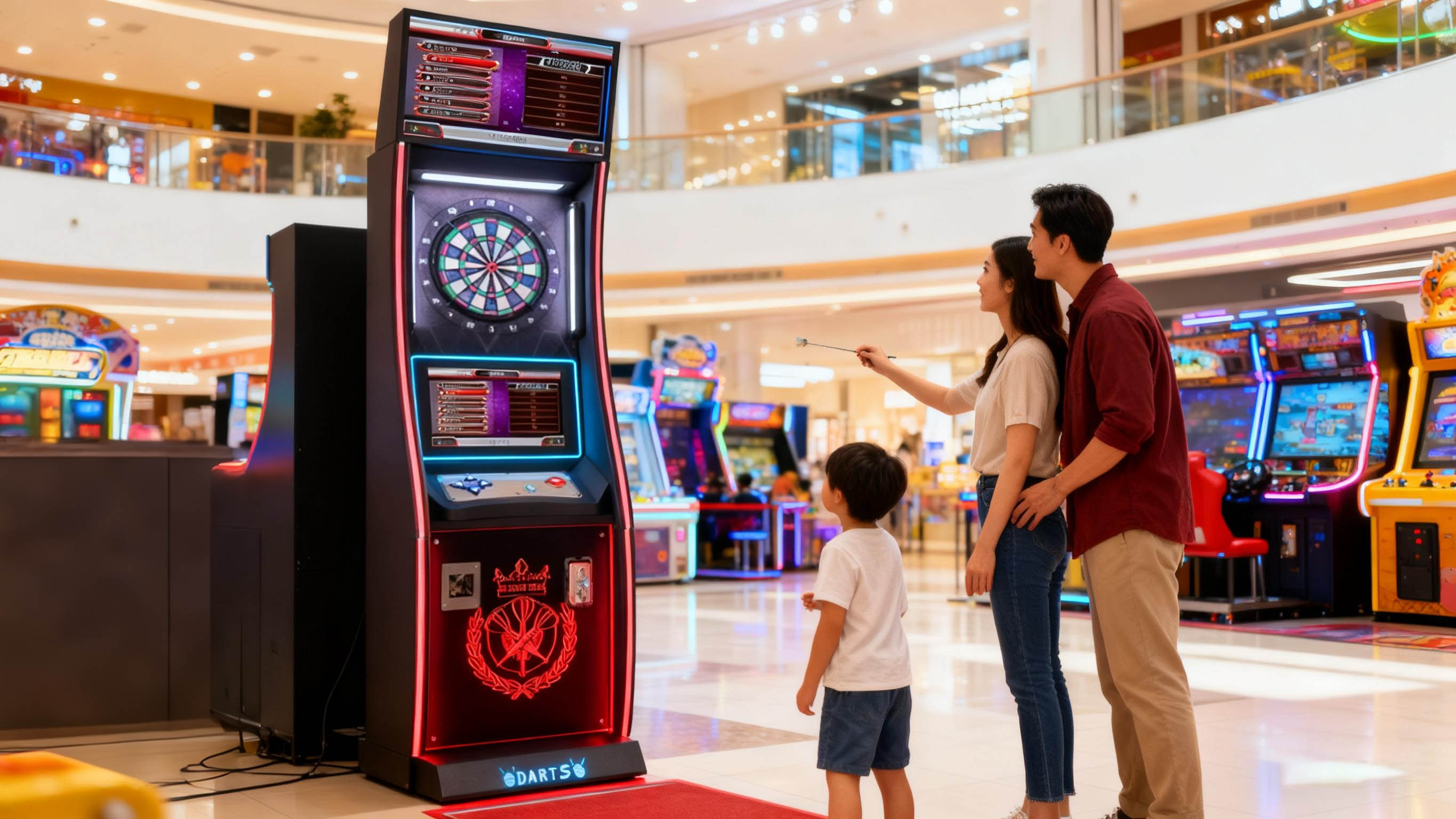 Family enjoying a commercial electronic dart machine at an FEC