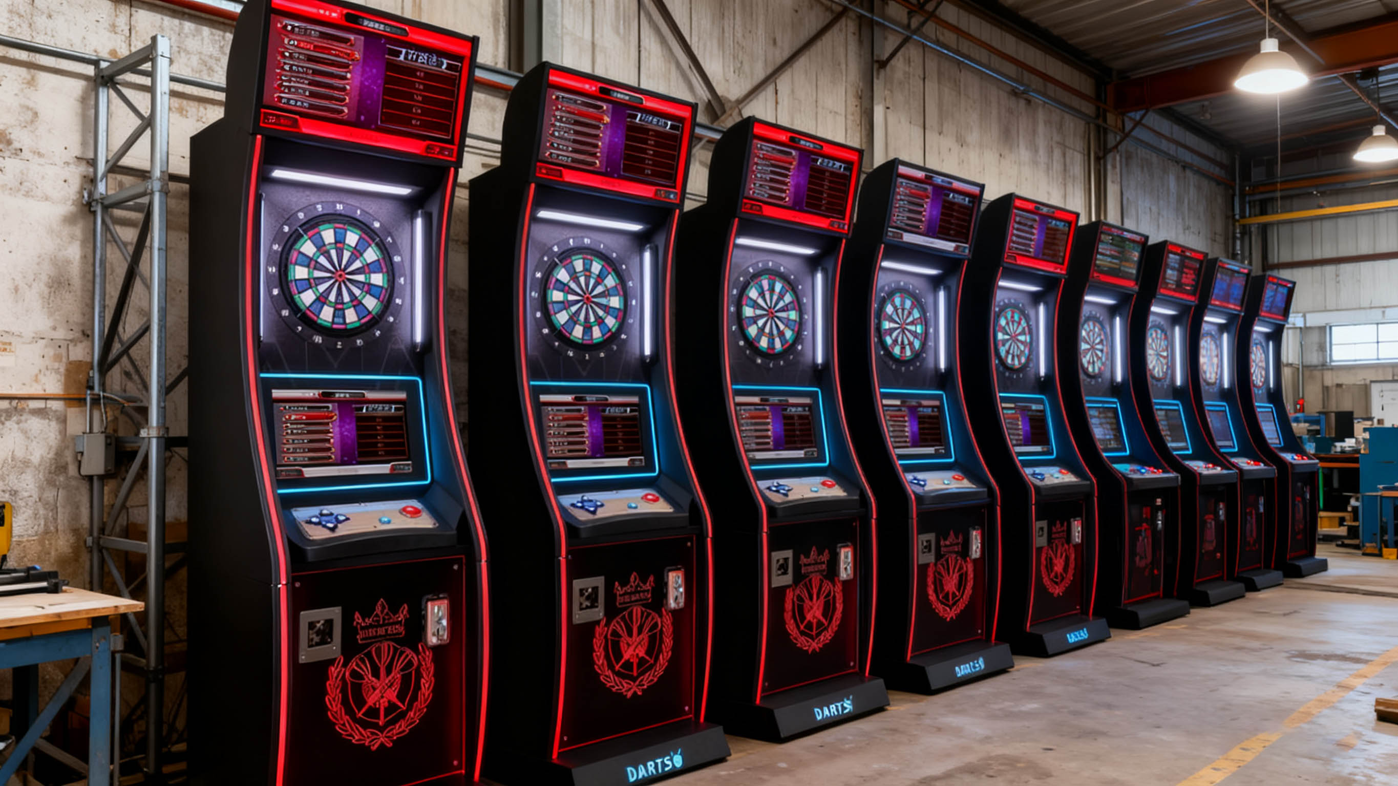 Rows of commercial electronic dart machines in the factory