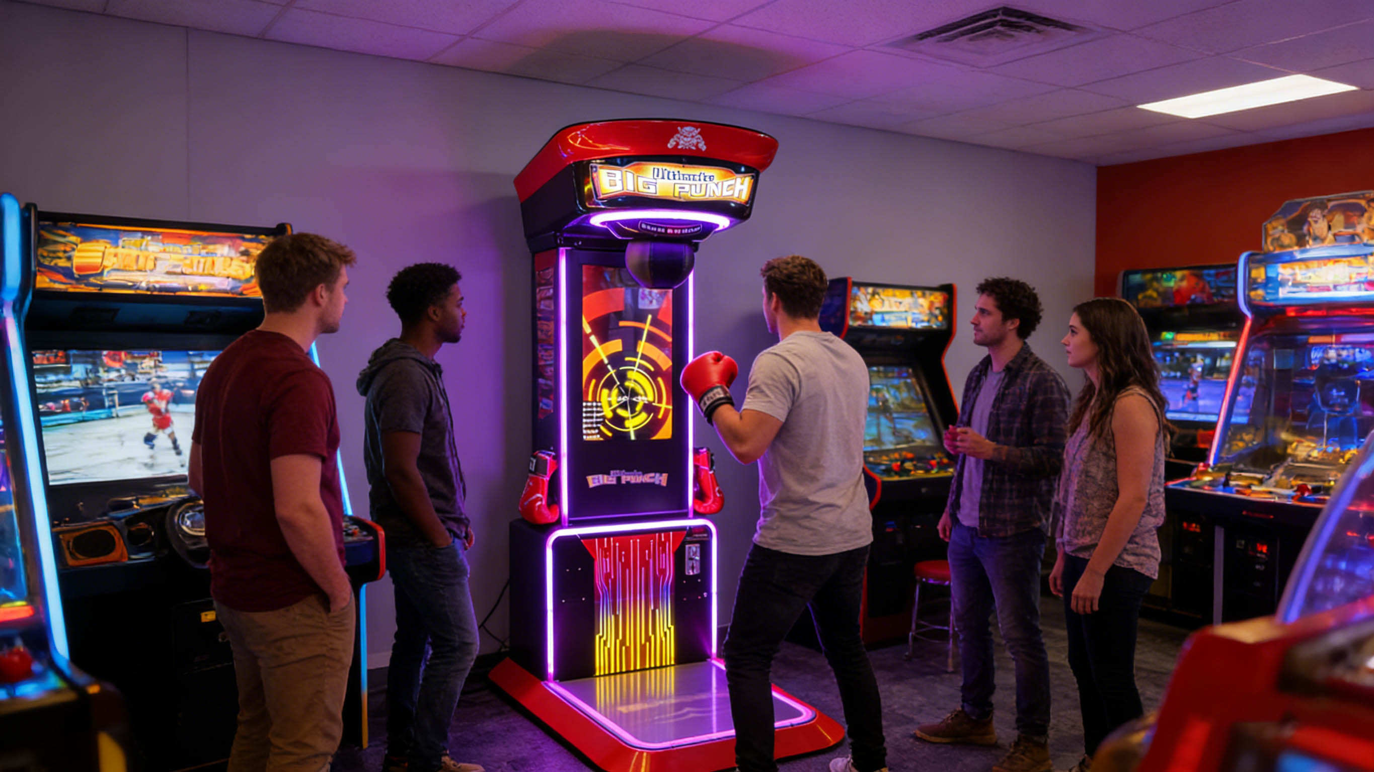 People enjoying a punching power machine at an entertainment venue in Denver