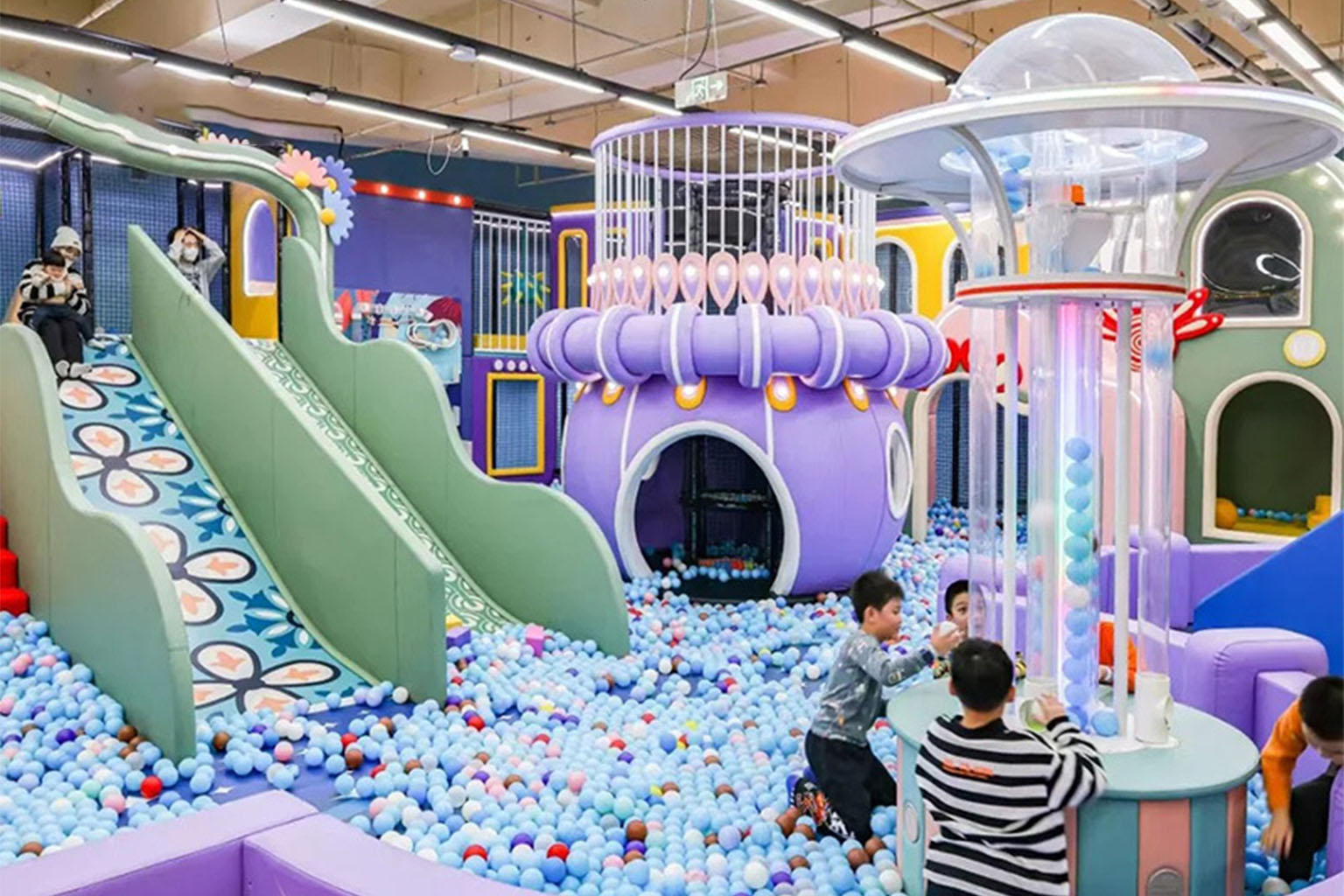 Children playing safely in a shopping mall soft play area for family entertainment
