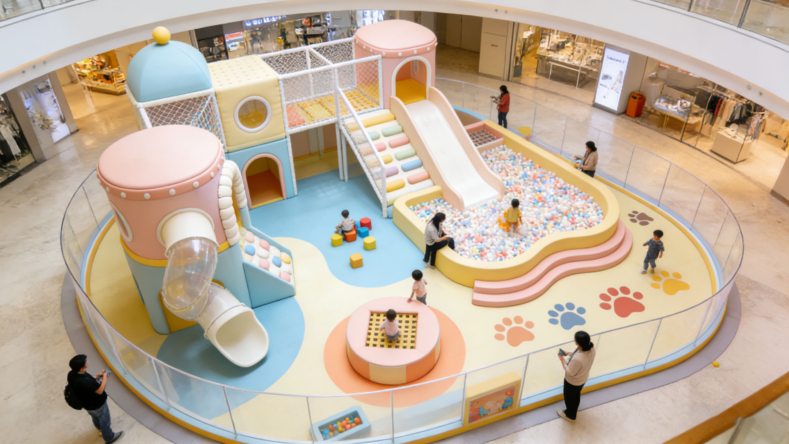 Commercial indoor playground equipment installed in shopping mall play area