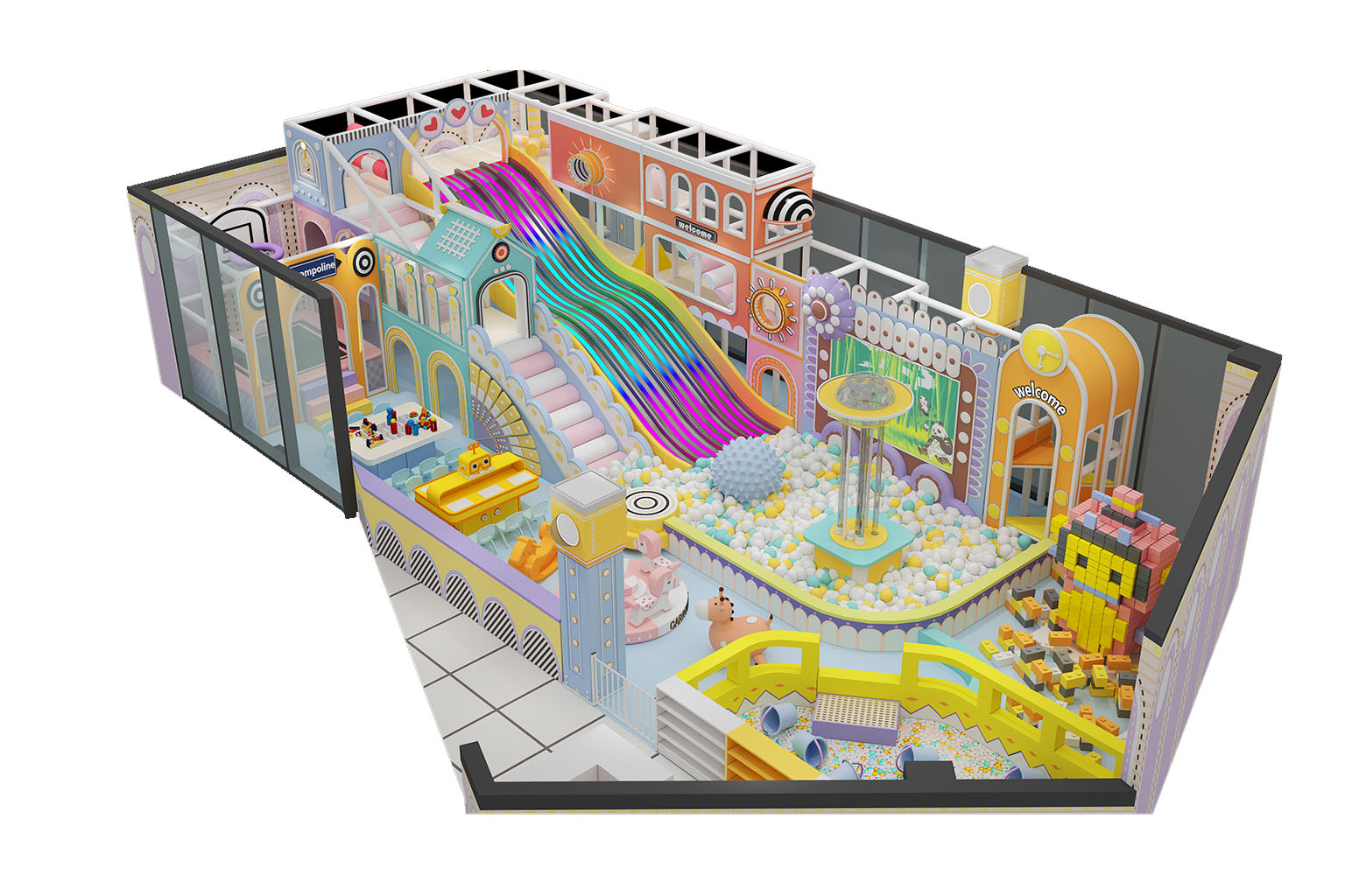 Mall indoor playground 3D layout with slides, ball pools, and climbing zones