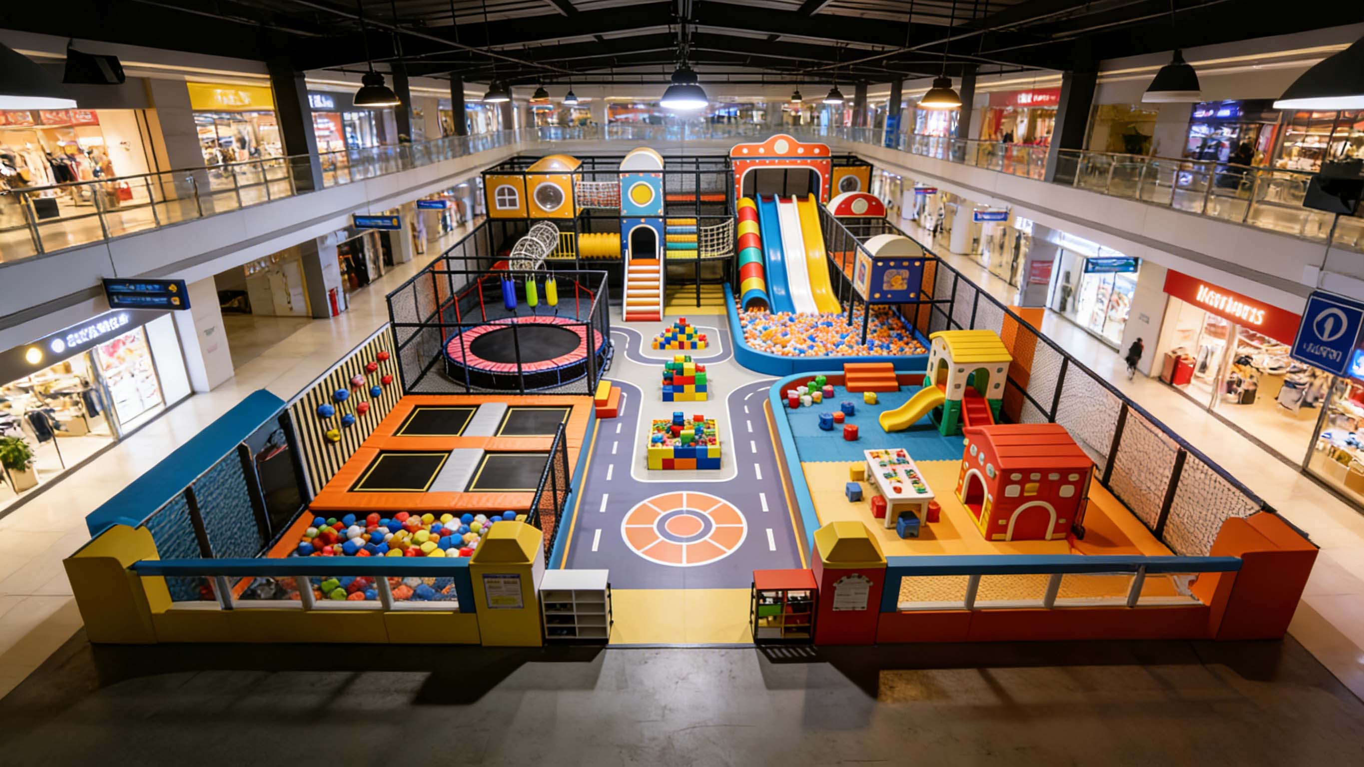 Large indoor playground with multi-zone play structures for different age groups