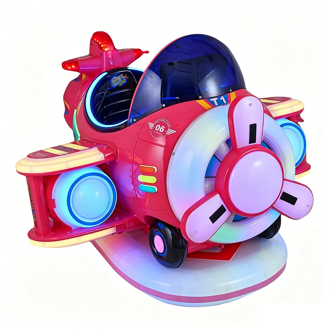 TD 01 commercial airplane kiddie ride machine with MP5 screen full view white background