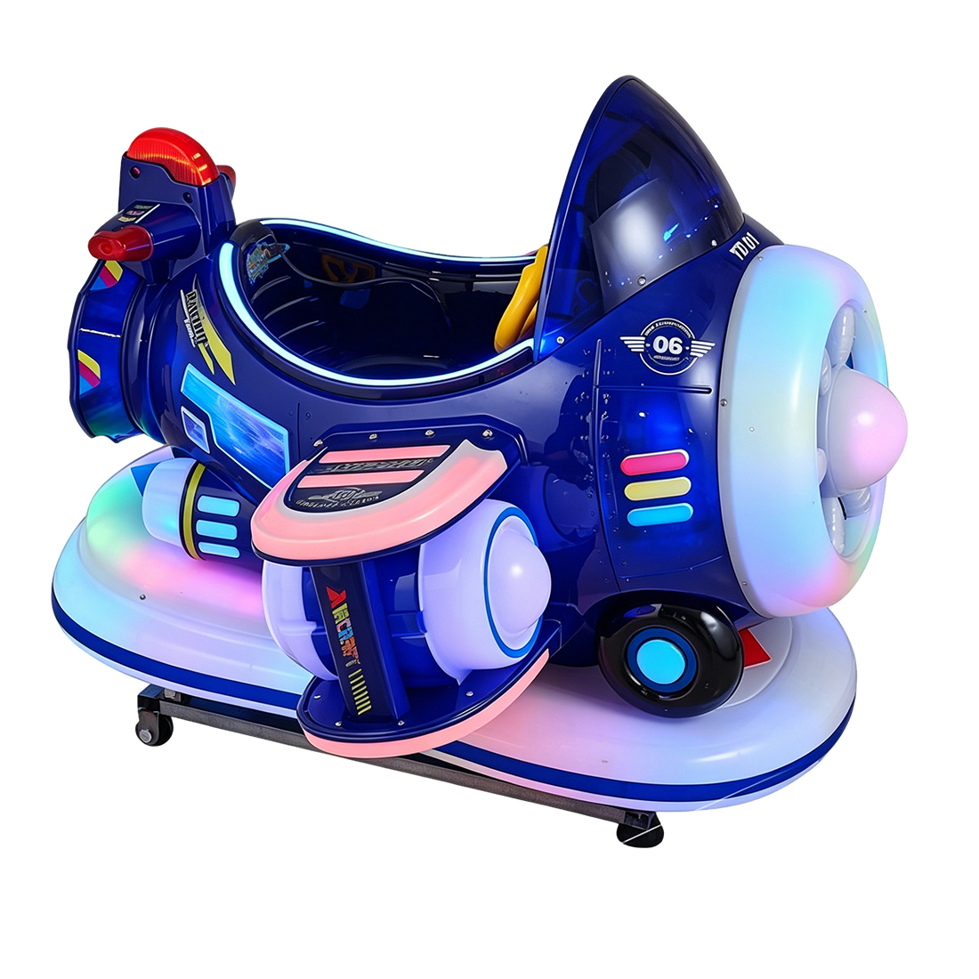 commercial airplane kiddie ride machine front view with MP5 screen white background