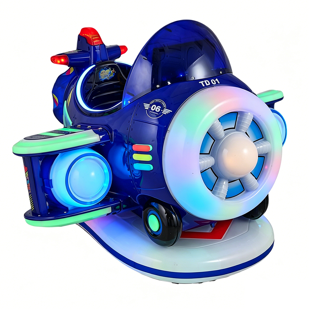 commercial airplane kiddie ride ride with LED lighting angled view white background