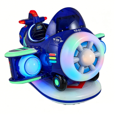 commercial airplane kiddie ride ride with LED lighting angled view white background