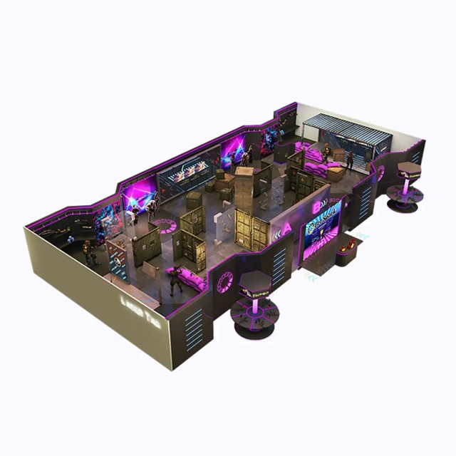3D design rendering of an indoor laser tag arena with UV glowing tactical barriers