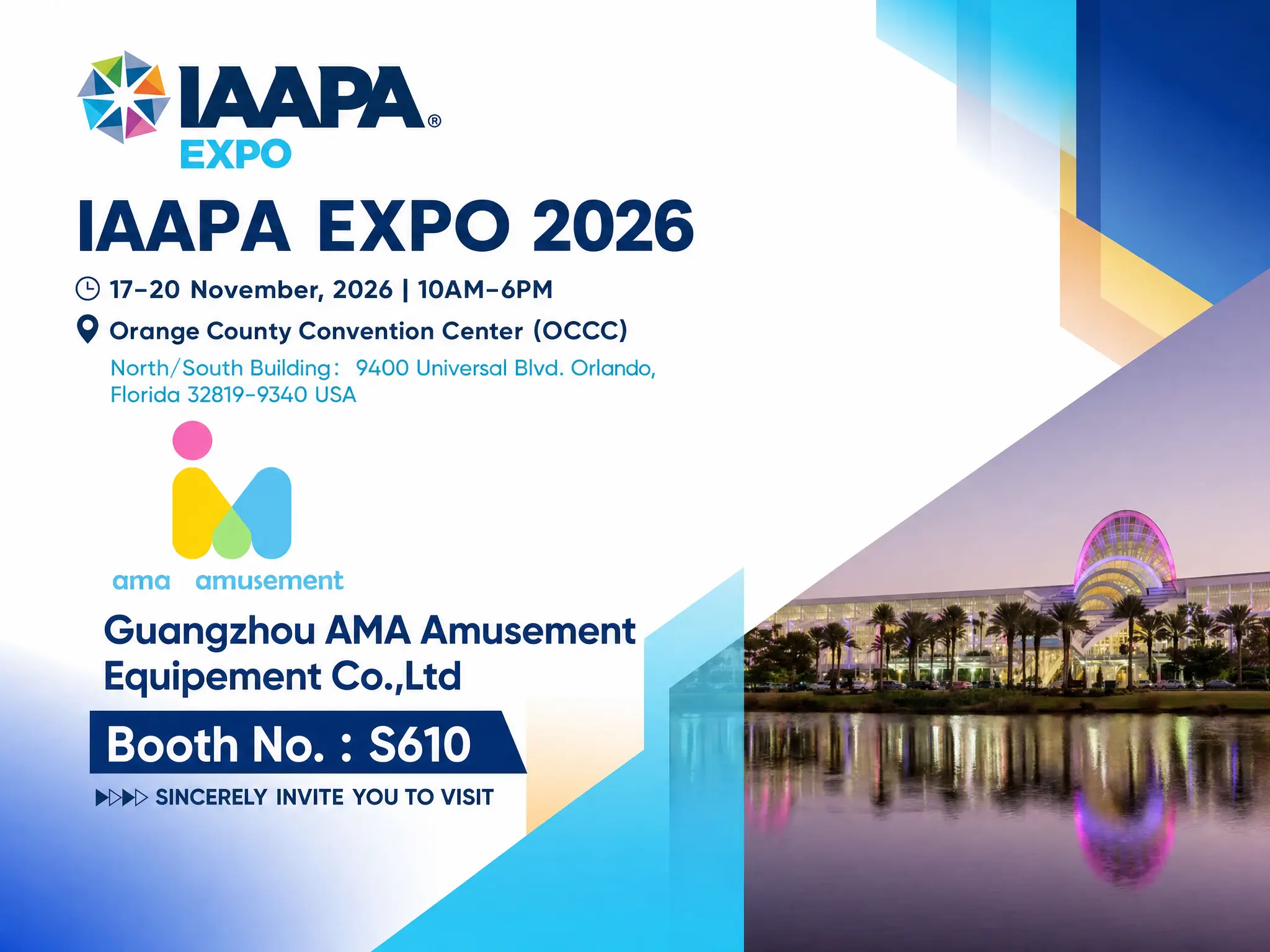 Guangzhou AMA Amusement Booth S610 poster for IAAPA EXPO 2026 in Orlando