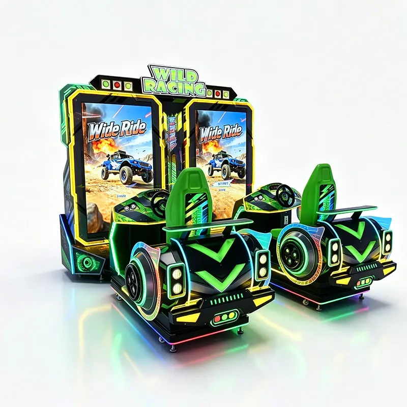 Close-up of the Wild Ride off-road racing game running on the 75-inch screen of the Wild Racing arcade machine