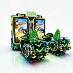 Close-up of the Wild Ride off-road racing game running on the 75-inch screen of the Wild Racing arcade machine