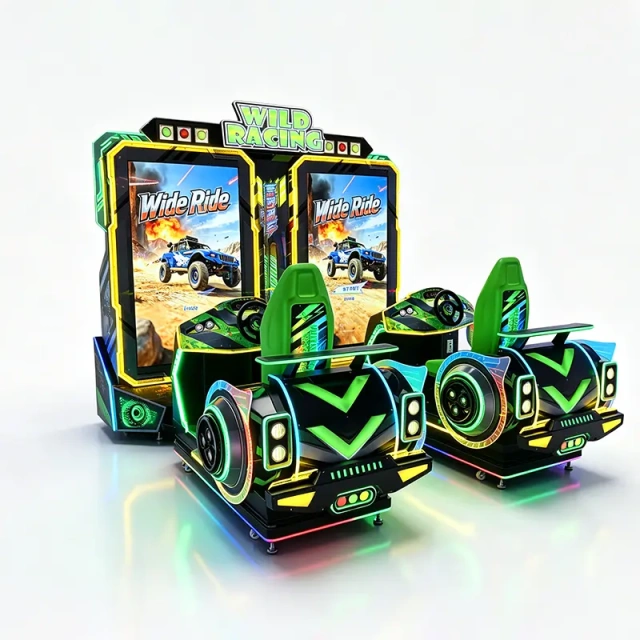 Close-up of the Wild Ride off-road racing game running on the 75-inch screen of the Wild Racing arcade machine