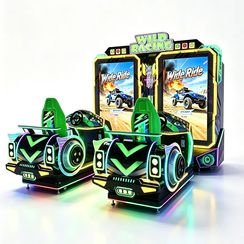 Side angle of the Wild Racing arcade machine showing the two-seat cockpit, steering wheels and motion base