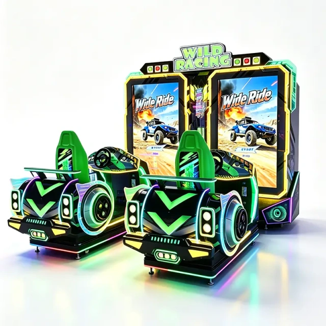 Side angle of the Wild Racing arcade machine showing the two-seat cockpit, steering wheels and motion base