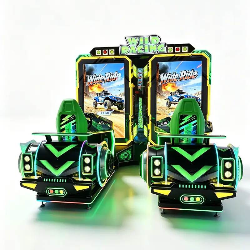 Wild Racing two-seat arcade machine with green bucket seats, LED panels and dual 75-inch off-road racing screens