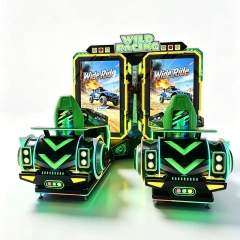 Wild Racing two-seat arcade machine with green bucket seats, LED panels and dual 75-inch off-road racing screens