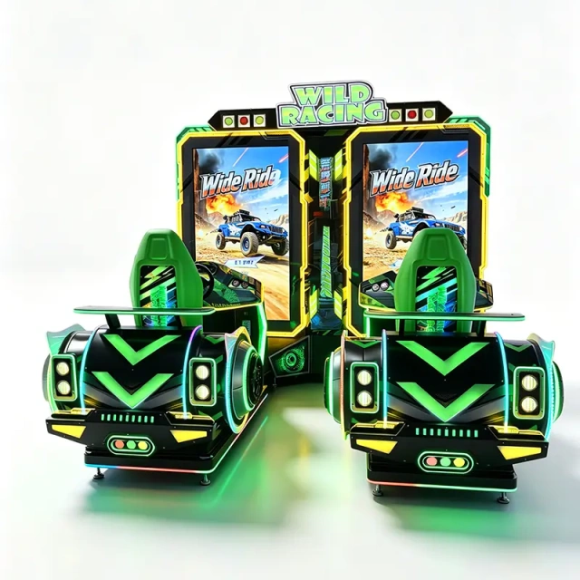 Wild Racing two-seat arcade machine with green bucket seats, LED panels and dual 75-inch off-road racing screens