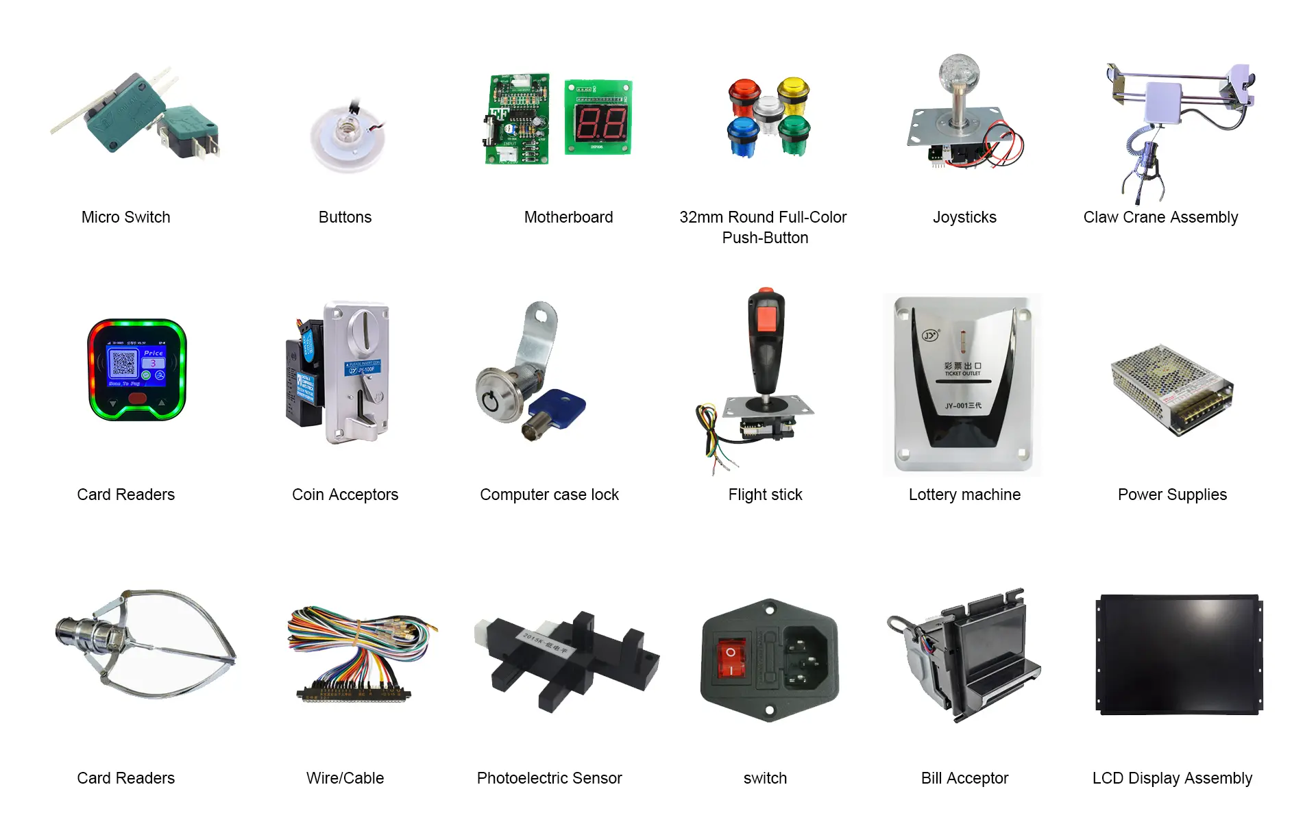 Arcade machine spare parts including joystick buttons coin acceptor and control components