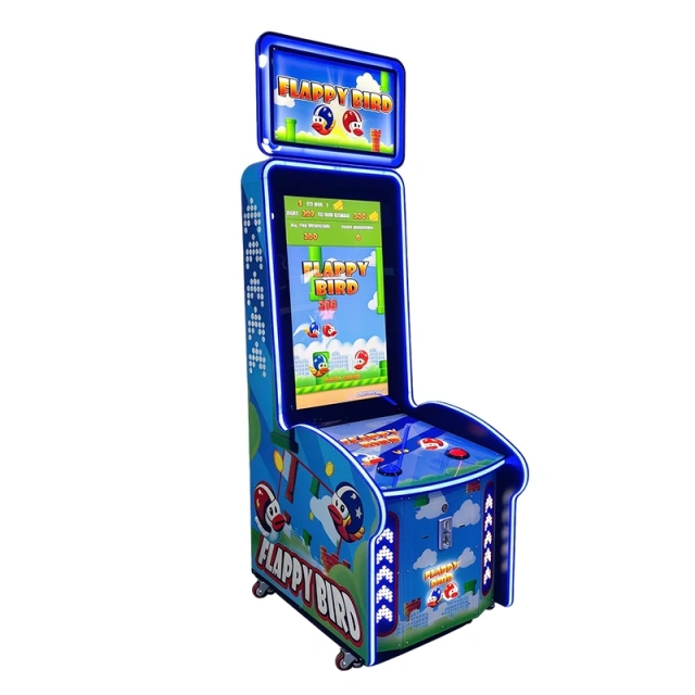 Vista lateral izquierda de la máquina arcade Flappy Bird, profundidad completa del gabinete y panel lateral de madera