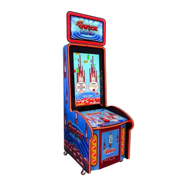Three-quarter view of the QUICK DROP cabinet showing 97 cm depth and side panel artwork
