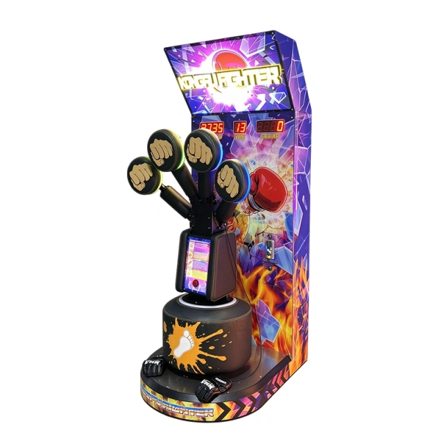 KONGFU FIGHTER reaction boxing machine, left side view showing the steel side panel, cabinet depth and base plinth