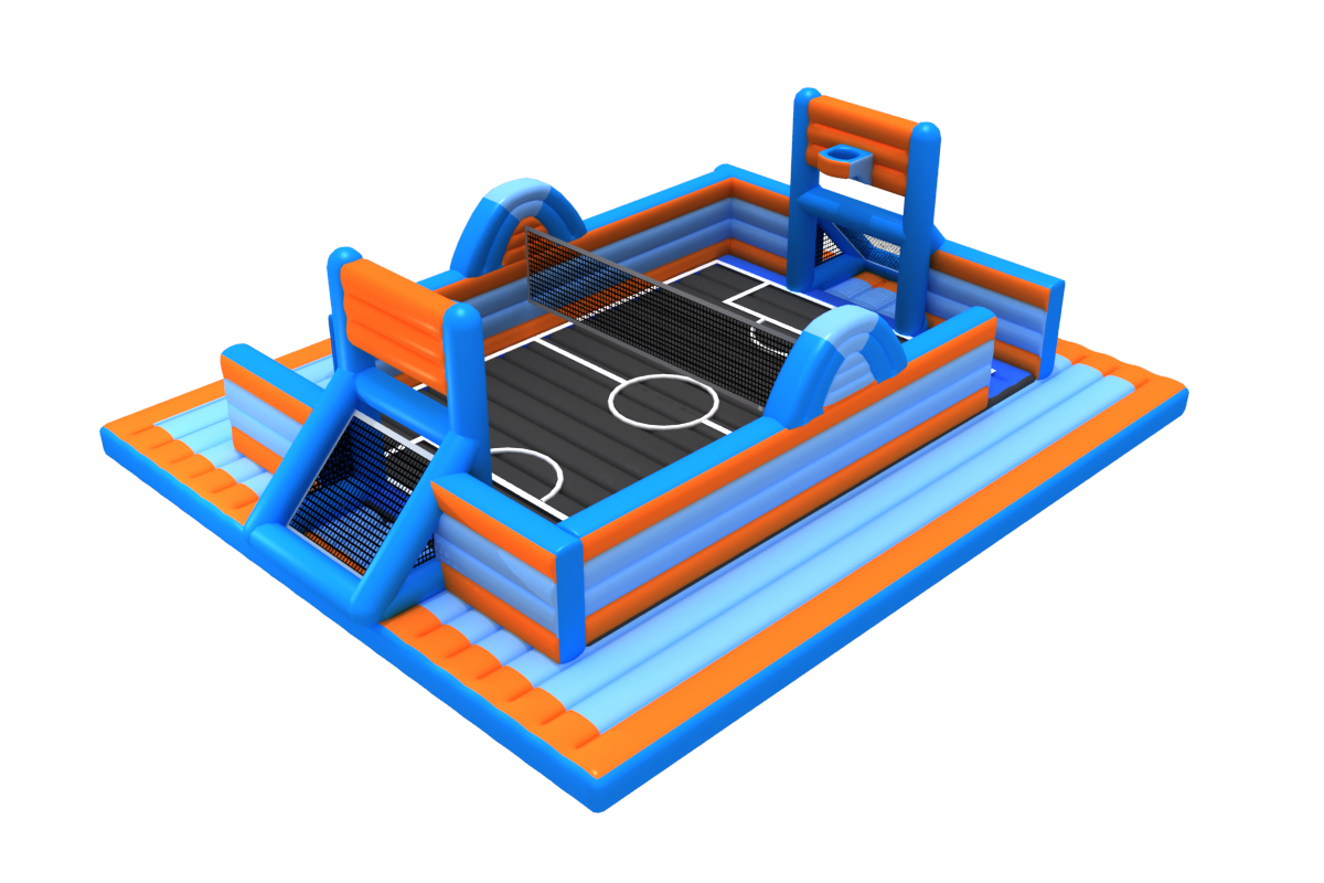 Long obstacle gauntlet running course with tunnels and bouncy barriers