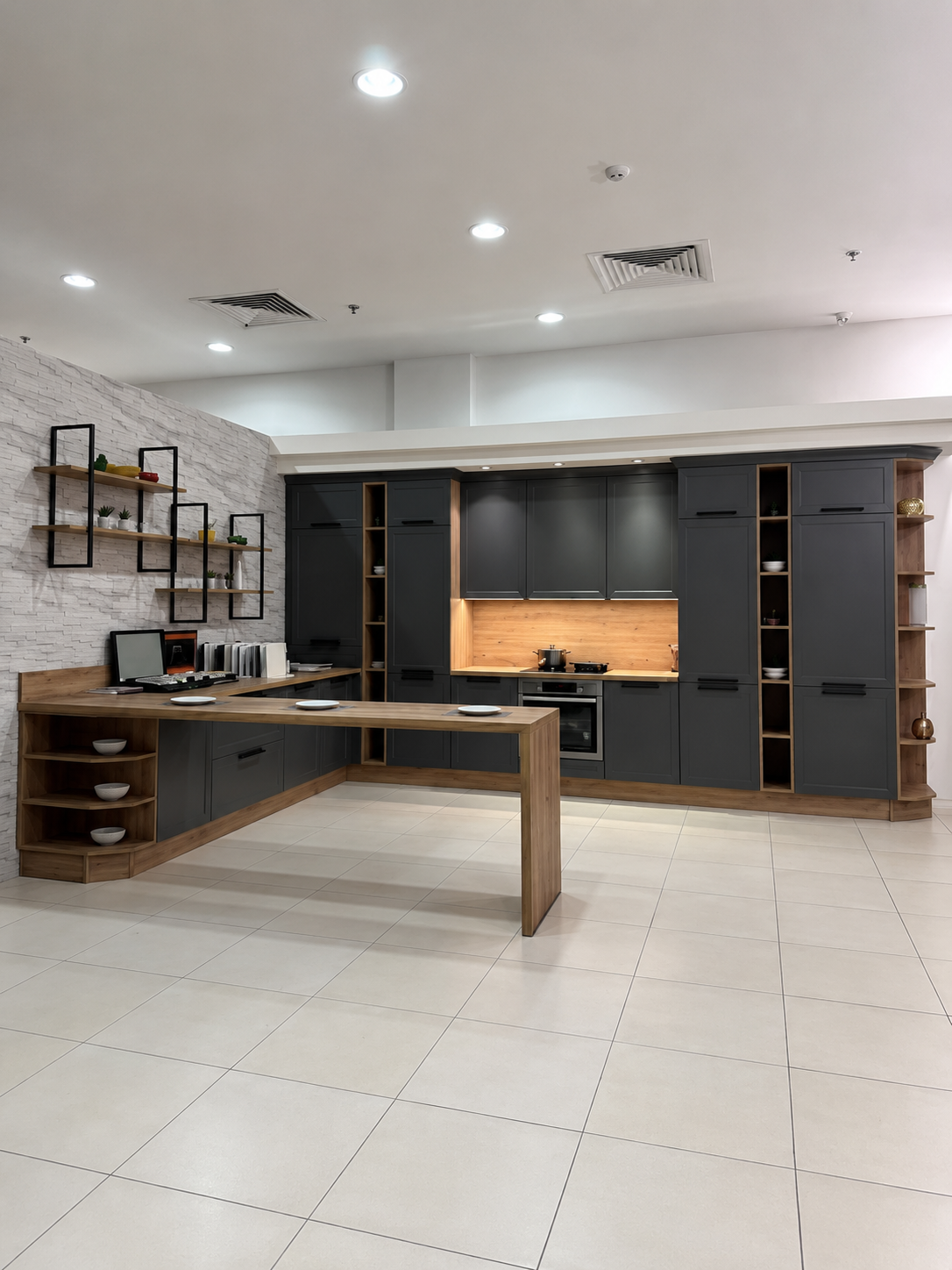 Saudi Arabia villa mockup interior project with kitchen cabinetry, TV wall, and cloakroom wardrobe