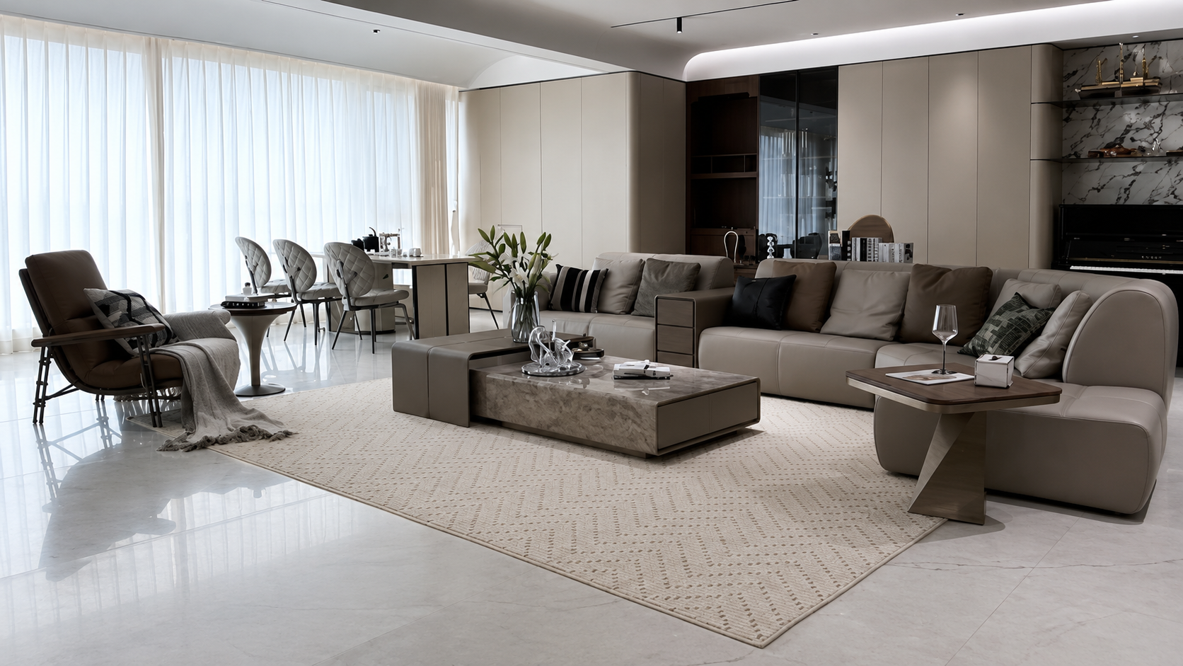 Thailand kitchen and living room cabinetry project with display storage and study area
