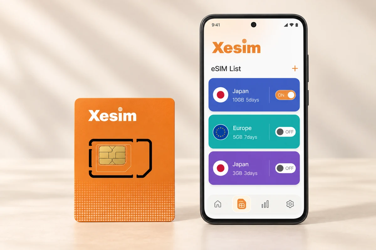Xesim 实体卡与 Android 手机 App 管理界面示意
