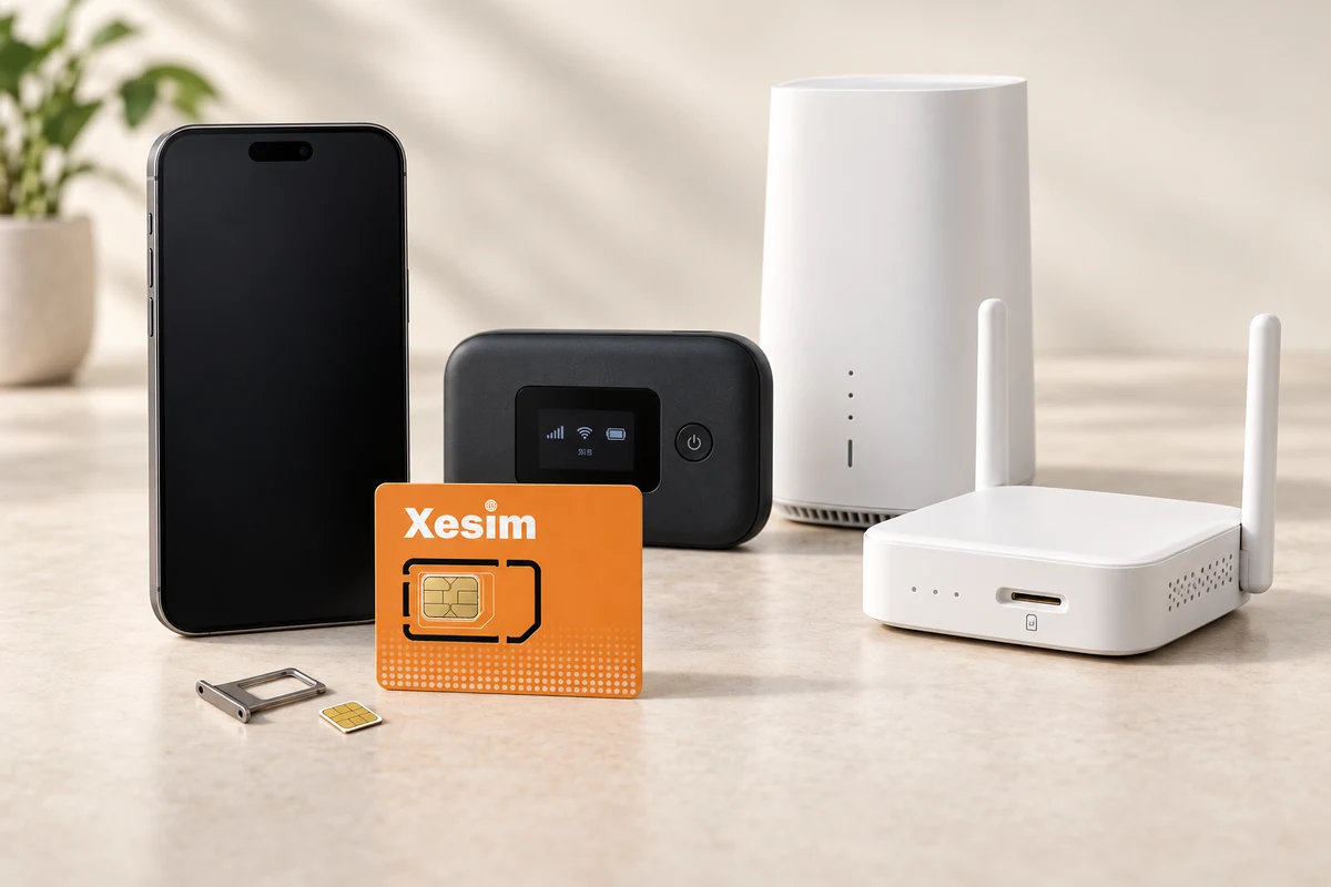 Xesim 卡与手机、随身 Wi-Fi、蜂窝 CPE 和路由器的跨设备使用场景示意
