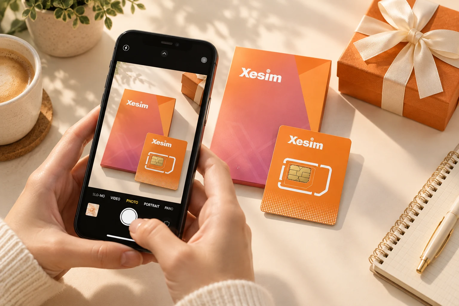 用手机记录 Xesim 使用体验，旁边摆放分享礼盒