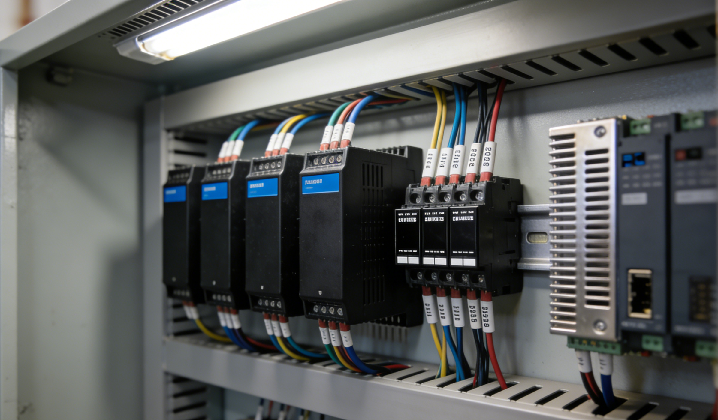 Compact DIN rail power supplies installed in a US industrial control cabinet with neat wiring, airflow clearance, and labeled terminal blocks