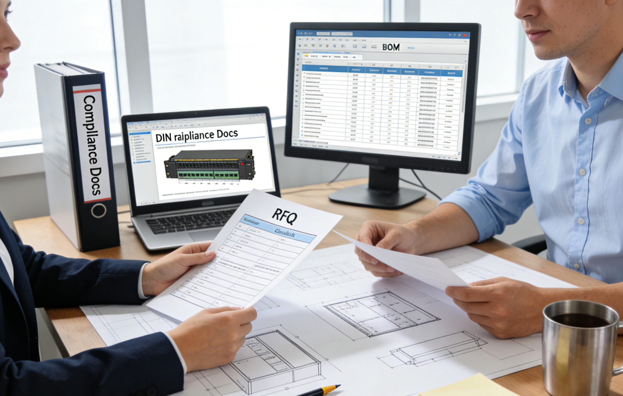 Procurement and panel builder reviewing a DIN rail power supply RFQ checklist with drawings, BOM, and compliance documents