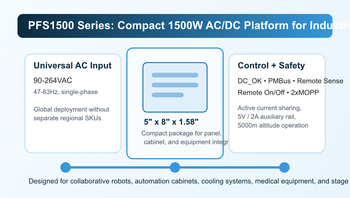 Generated illustration of the PFS1500 Series AC/DC platform showing universal 90-264VAC input, compact 5 by 8 by 1.58 inch package, and control plus safety features for industrial and medical OEMs.