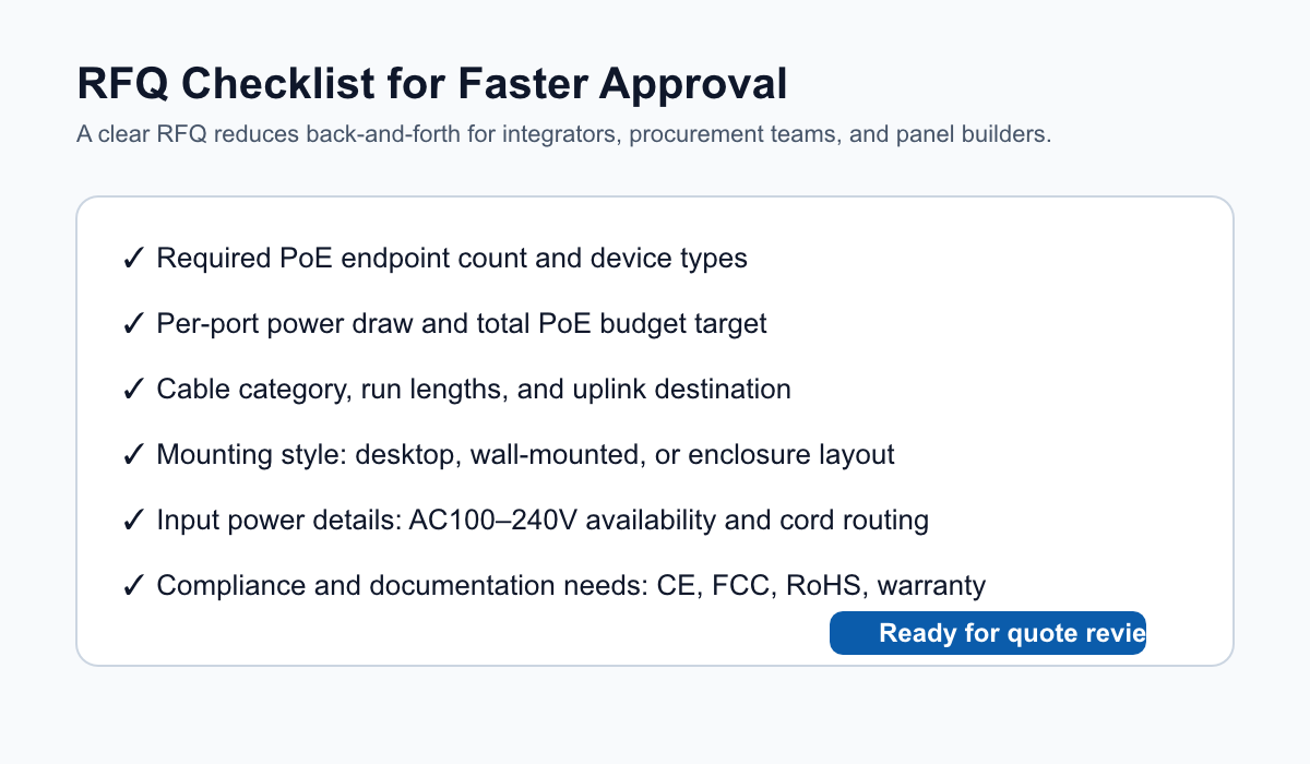Generated RFQ checklist image listing the information procurement teams and engineers should include when requesting a quote for ONV-H3064PS or ONV-H3108PS.