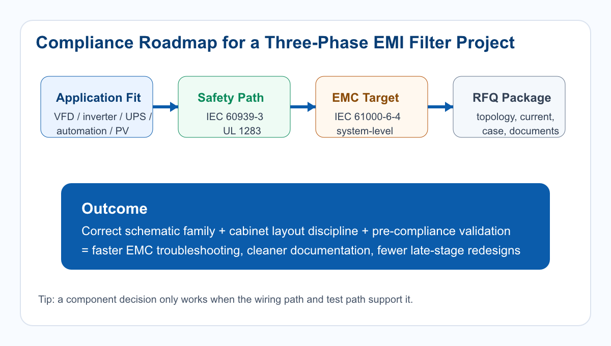 Generated compliance roadmap showing the relationship between product selection, safety standard path, emissions standard path, installation quality, and final lab validation for a three-phase EMI filter.